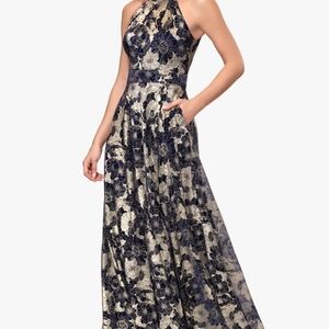 Betsy & Adam Navy and Gold Floral Maxi Dress